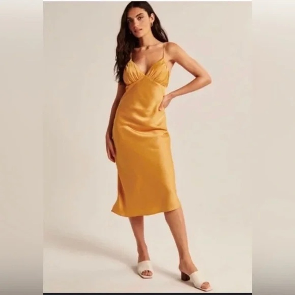 Abercrombie & Fitch Ruched Satin Slip Midi Dress